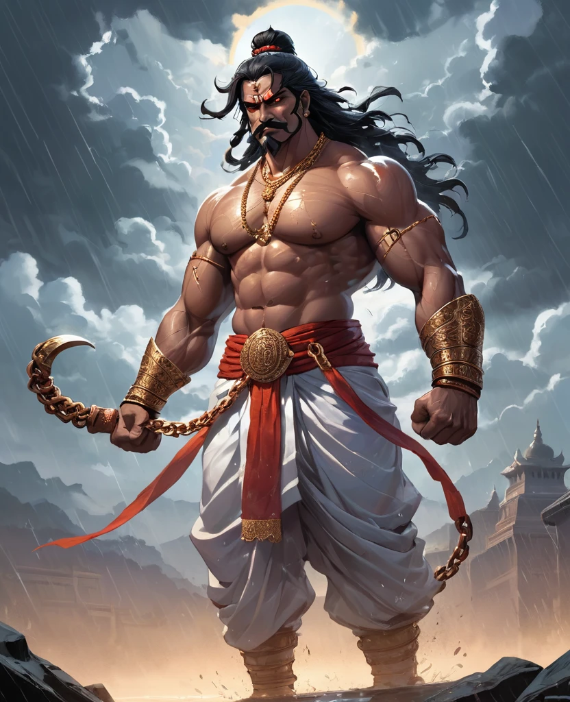 A striking, visually captivating illustration of a powerful Maratha warrior standing tall amidst dark clouds and heavy rain. His muscular, drenched body is adorned with massive shakers and chains at his arms, hips, and legs, while his glowing red eyes and fierce determination exude strength. With perfect facial features, a long handlebar mustache, and flowing drenched hair, he shouts in anger as he pulls the chains with immense strength. The golden hour's light illuminates him from behind, casting a dramatic rim light on his bulky frame, and the stormy atmosphere intensifies the dark fantasy scene. Clad in a white traditional dhoti-like pants and a torn white robe, the warrior's immense size and the gathering clouds create a mesmerizing visual experience that is both vibrant and cinematic, blending elements of painting, poster, and fashion into a concept, vibrant, poster, fashion, illustration, cinematic, painting, dark fantasy art by greg rutkowski 
