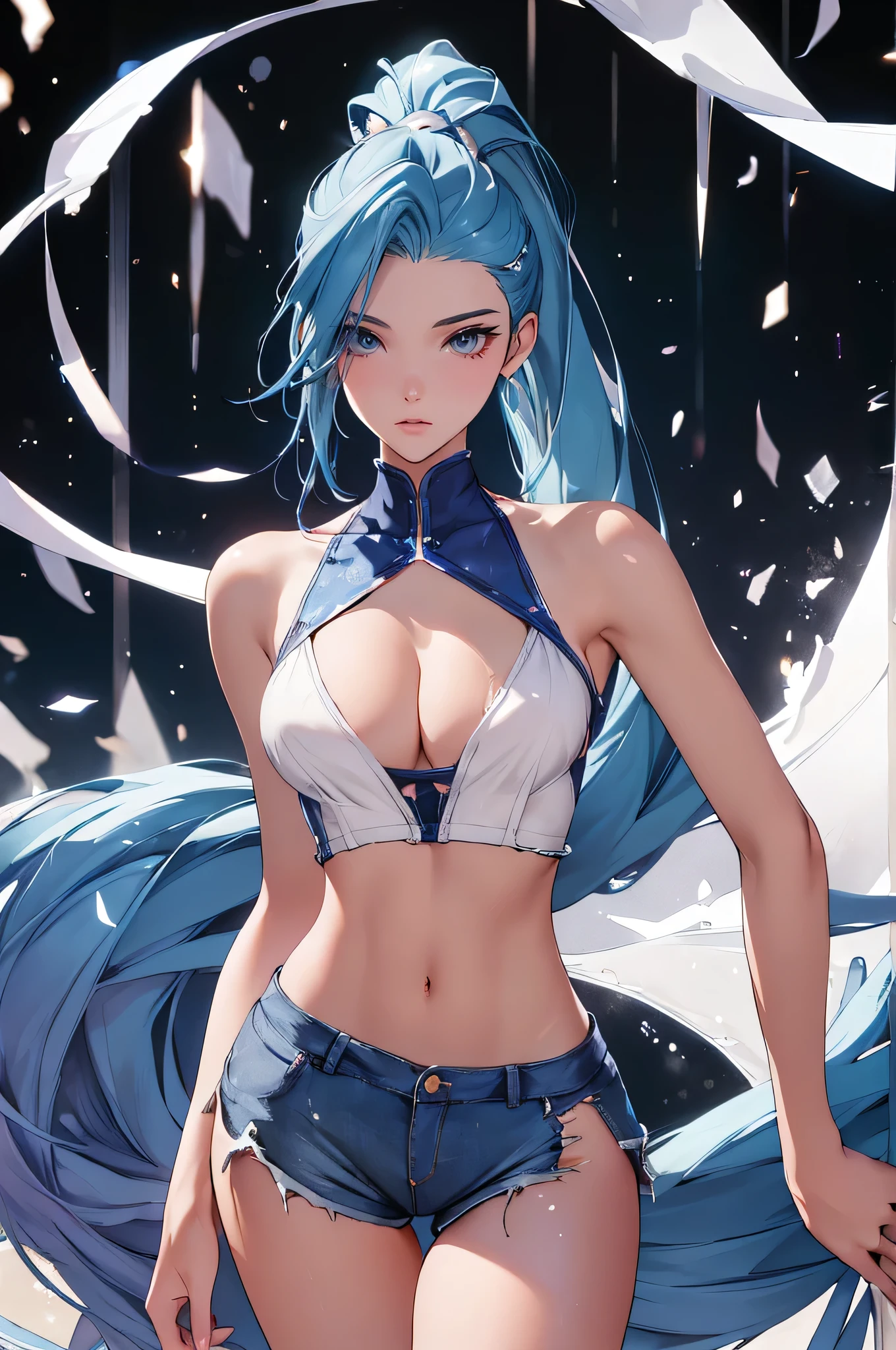 (best quality: 1.2), clean face, (masterpiece: 1.2, 8k) perfect anatomy, 1girl,a beautiful fashion model ,(masterpiece, official art, best quality ,long and shiny hair, blue hair with streaks in hair, long hair, full lips, slender body, slim body big breasts, looking at viewer, revealing outfit, absurdity, intricate details, dynamic pose, club, , wearing short shorts and a tight white top, cleavage, torn clothes, thong straps, ponytail, coquettish expression