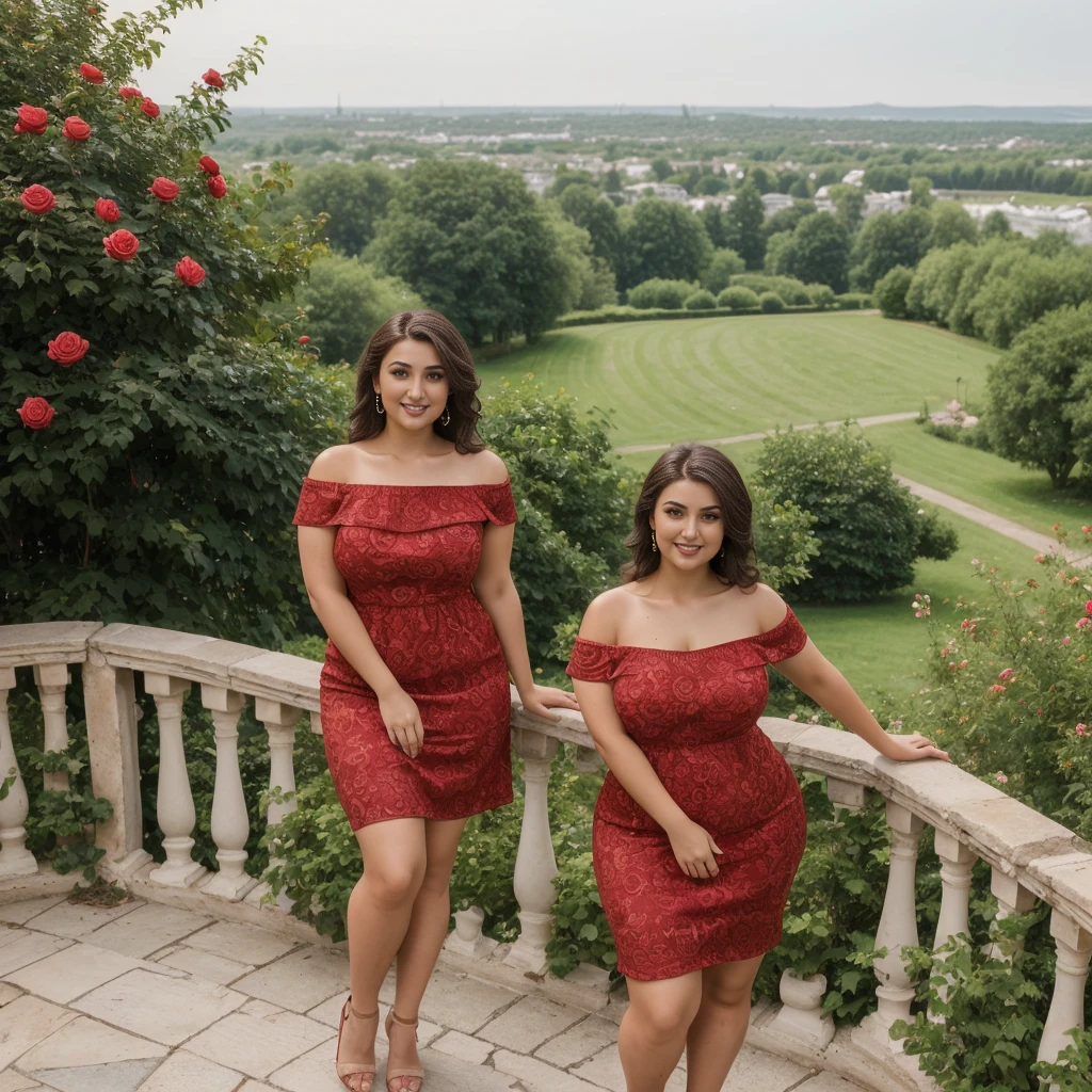 Lykaan, 1girl, solo, 30 years old, (((Georgian face))), (((Georgian nose))), (((Georgian lips))), ((((curvy and chubby)))), (((Caucasian Brunette))), wavy medium hair, upper body and upper legs, wearing red off shoulder dress, background: overlooking rose garden in Canada, smiling, standing