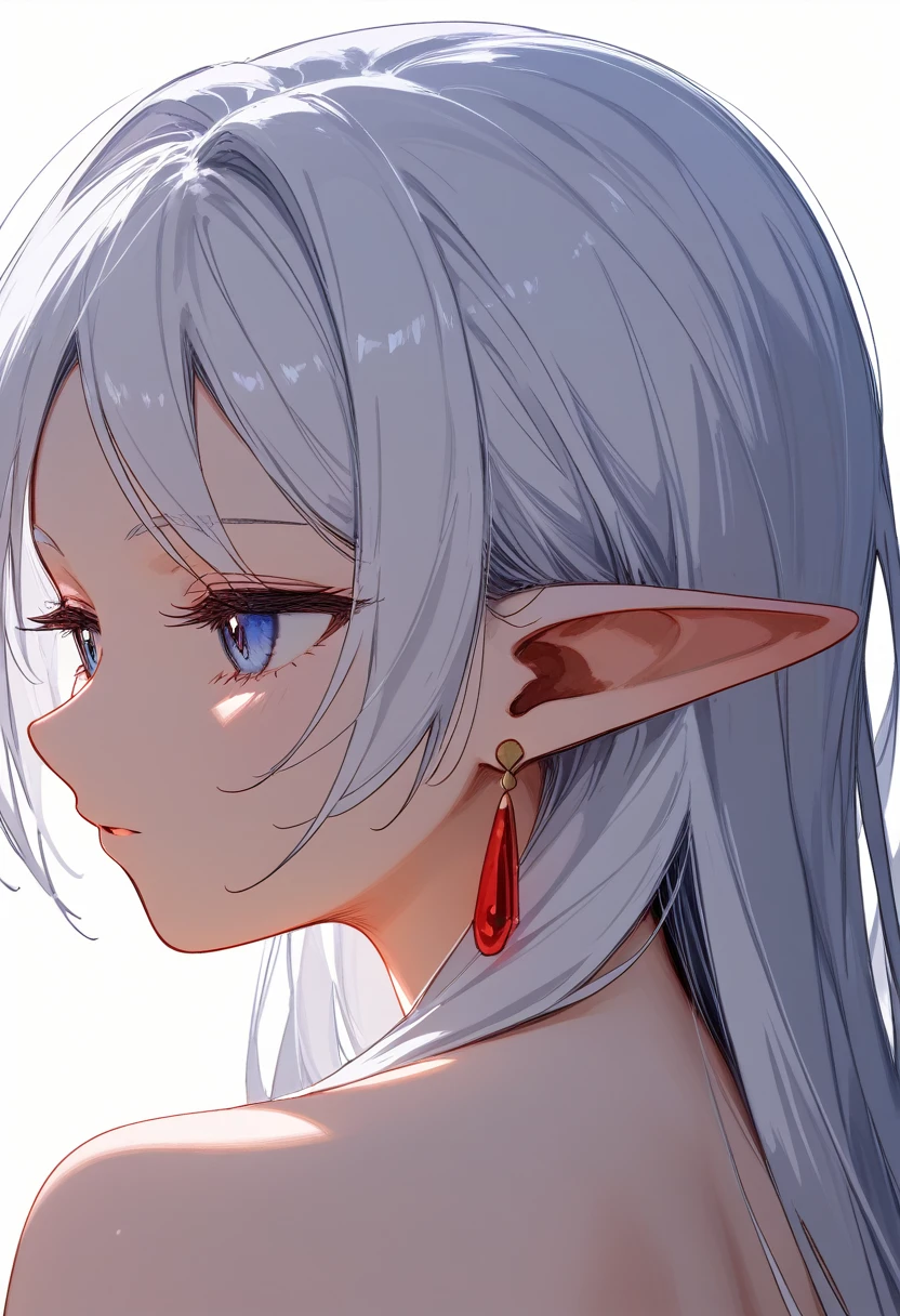 1 Girl, Solitary, freeze, White hair, Long hair, Pointed ears, From the back, Look away, close-up, naked露的肩膀, naked, earrings, Rear view, The back is covered with hair, Keep your arms at your sides, upper body, White background, Simple background, masterpiece, Fraction_9, Fraction_8_up, Fraction_7_up