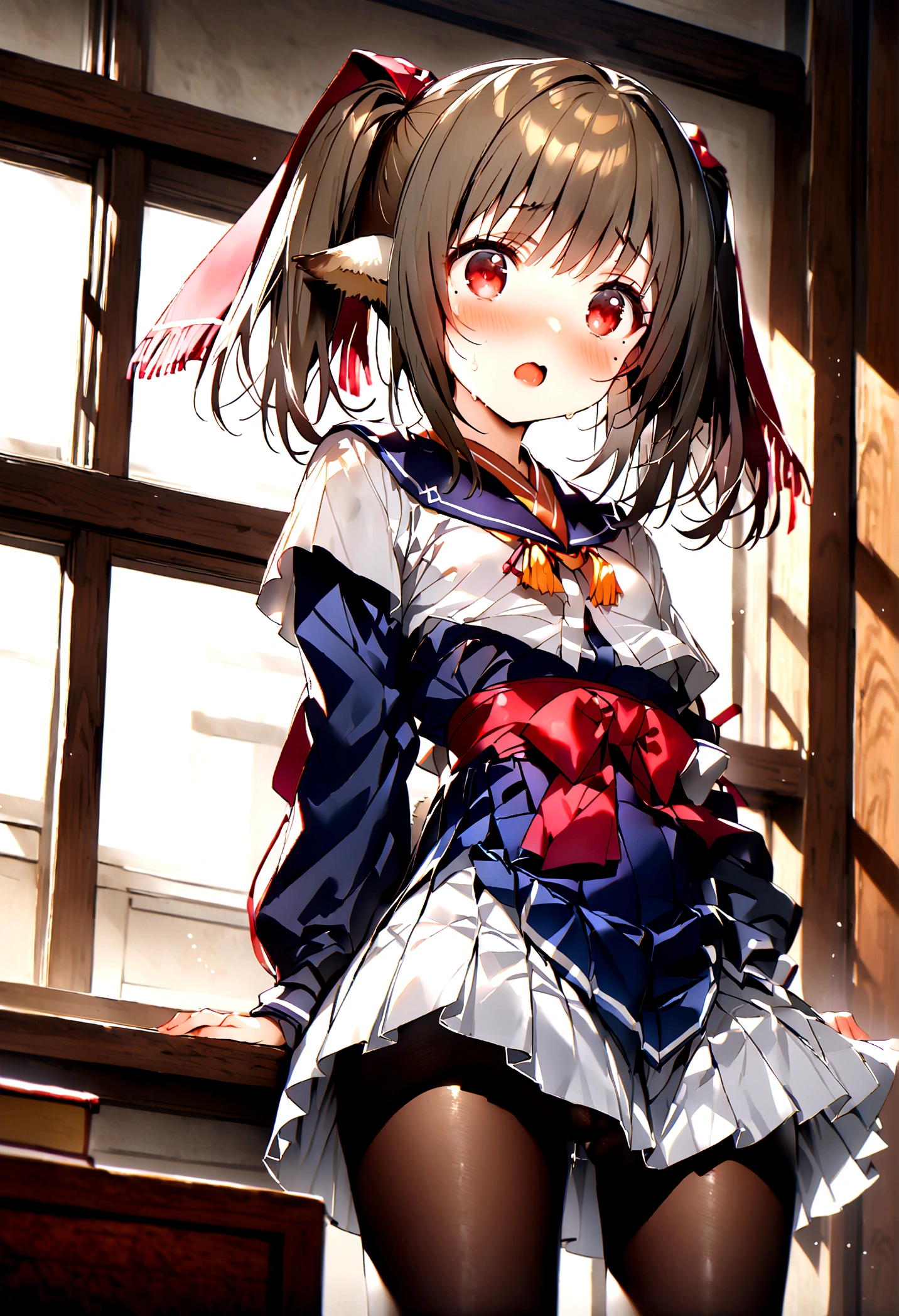 NSFW,masterpiece,Highest quality,High resolution,Super detailed,nekone \(utawarerumono\),Brown Hair、（Red Eye：1.3）、ribbon、Animal Ears、Twin tails、ヘアribbon、Mole、目の下のMole,Small breasts,uniform,mini skirt,pantyhose,Amazed expression,blush,School