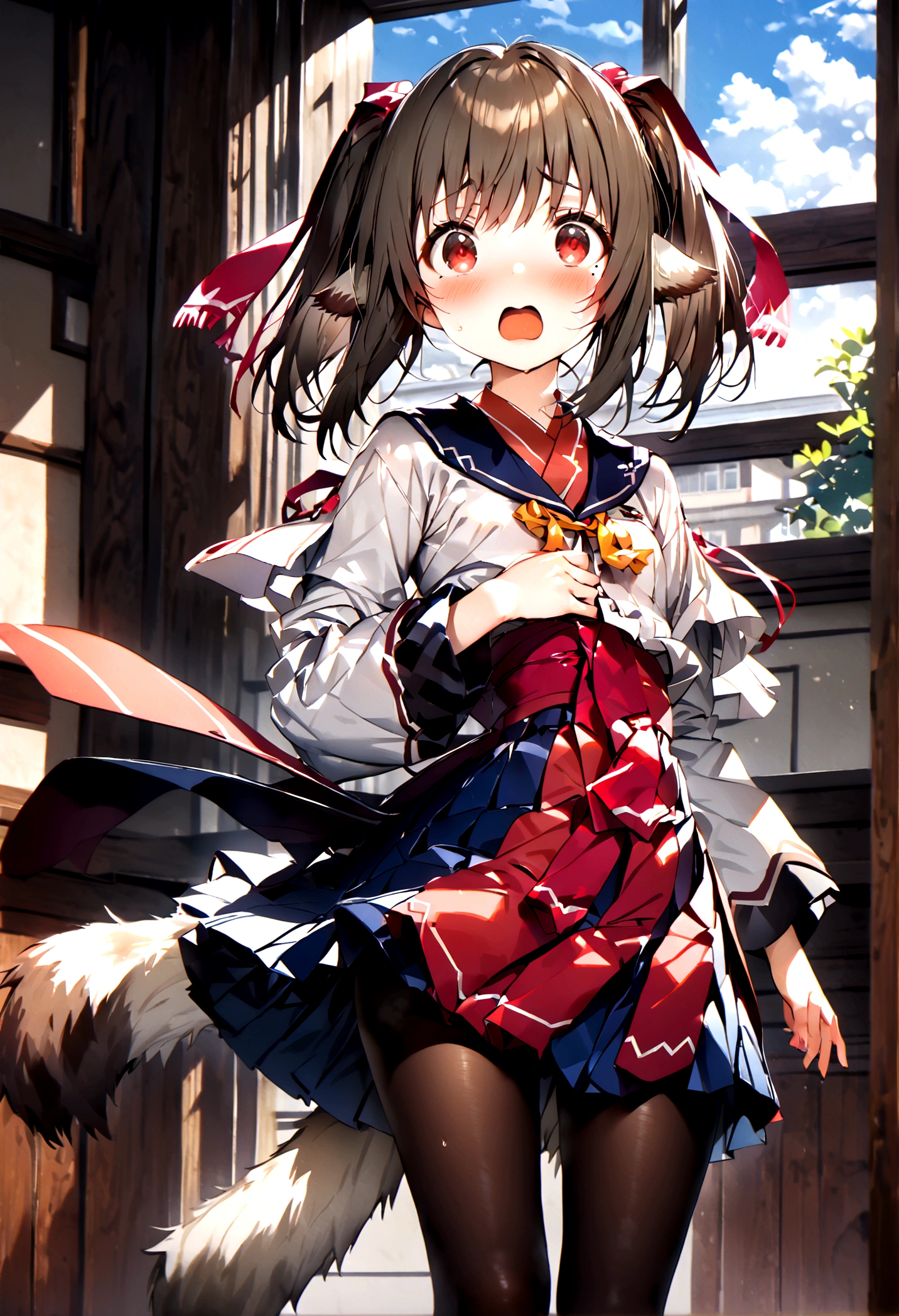 NSFW,masterpiece,Highest quality,High resolution,Super detailed,nekone \(utawarerumono\),Brown Hair、（Red Eye：1.3）、ribbon、Animal Ears、Twin tails、ヘアribbon、Mole、目の下のMole,Small breasts,uniform,mini skirt,pantyhose,Amazed expression,blush,School