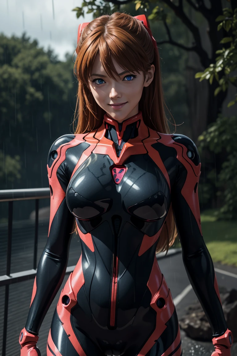Evangelion,Asuka Langley,blue eyes,Plug Suit,Bodysuits,Interface Headset,赤いBodysuits,Ultra HD,super high quality,masterpiece,Digital SLR,Photorealistic,Detailed details,Vivid details,Depicted in detail,A detailed face,Detailed details,Super Detail,Realistic skin texture,Anatomical basis,Perfect Anatomy,Anatomically correct hand,Anatomically correct fingers,Complex 3D rendering,Sexy pose,Rainy Sky,Beautiful scenery,Fantastic rainy sky,Picturesque,Pink Lips,smile,