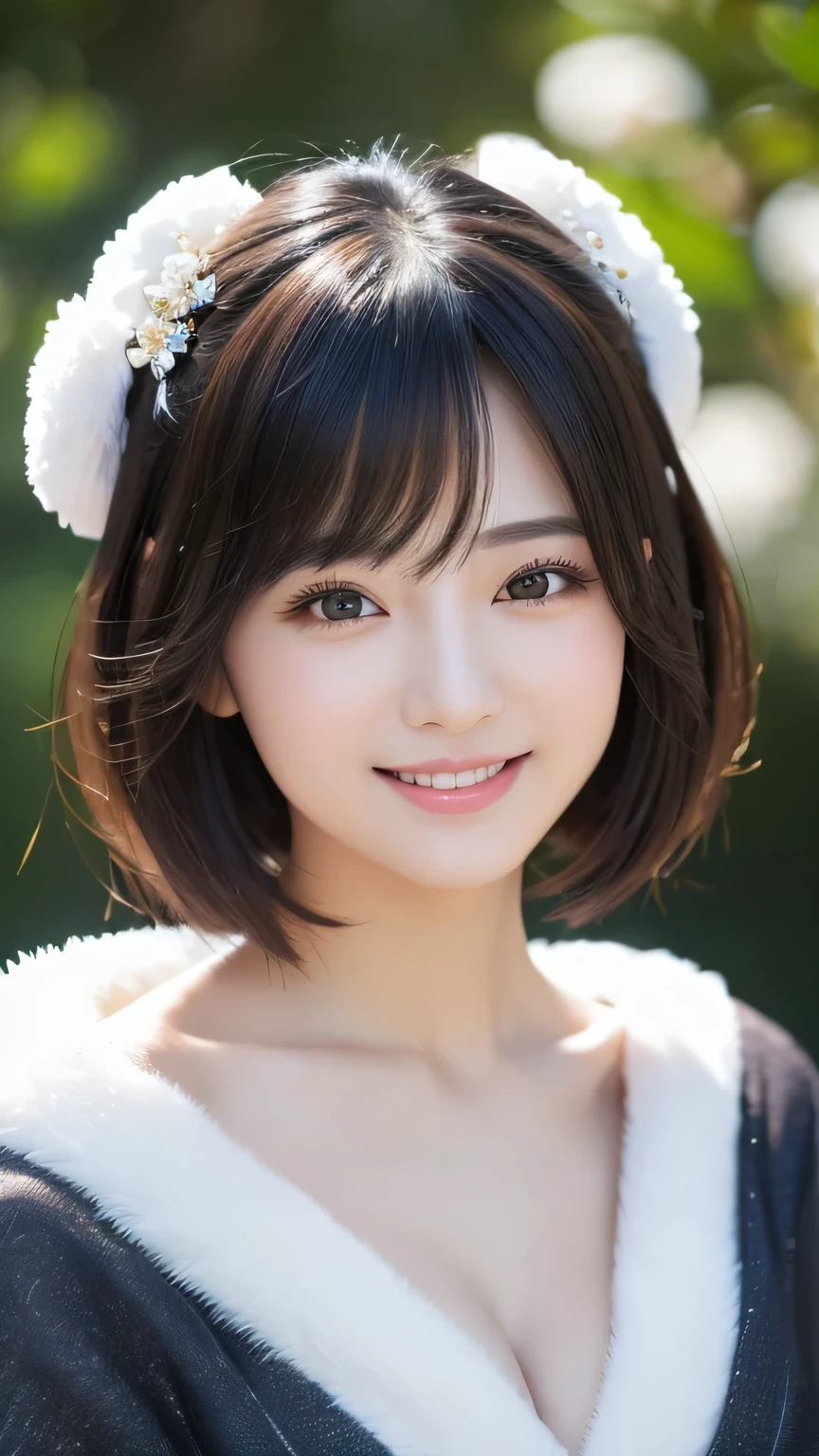 (masterpiece:1.3), (8K, Photorealistic, Raw photo, Best image quality: 1.4), Japanese 、Take a full-body photo,kimono、Less exposure、Cute costume,Japanese hairstyle,crystal,Natural color lip,(Fluffy short hair:1.2)、Cleavage:1.2、Super detailed face、Attention to detail、double eyelid、Put your chest together、Sharp focus:1.2、Beautiful woman:1.4、Black Hair、highest quality、masterpiece、超A high resolution、(Photorealistic:1.4)、Highly detailed and professionally lit smile、