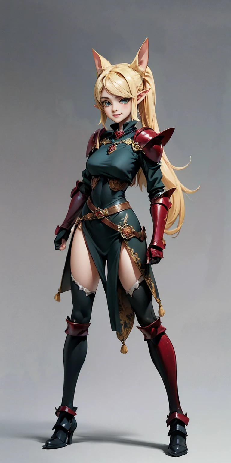 full body, whole body. 1solo (girl) hands on sides, (masterpiece), ultra-detailed, 1girl, detailed eyes, medium breasts, gray background, (full body), green eyes, gray background, full plate armor, confident smile, staring at the viewer, blond hair in a ponytail, standing, elf, elf ears