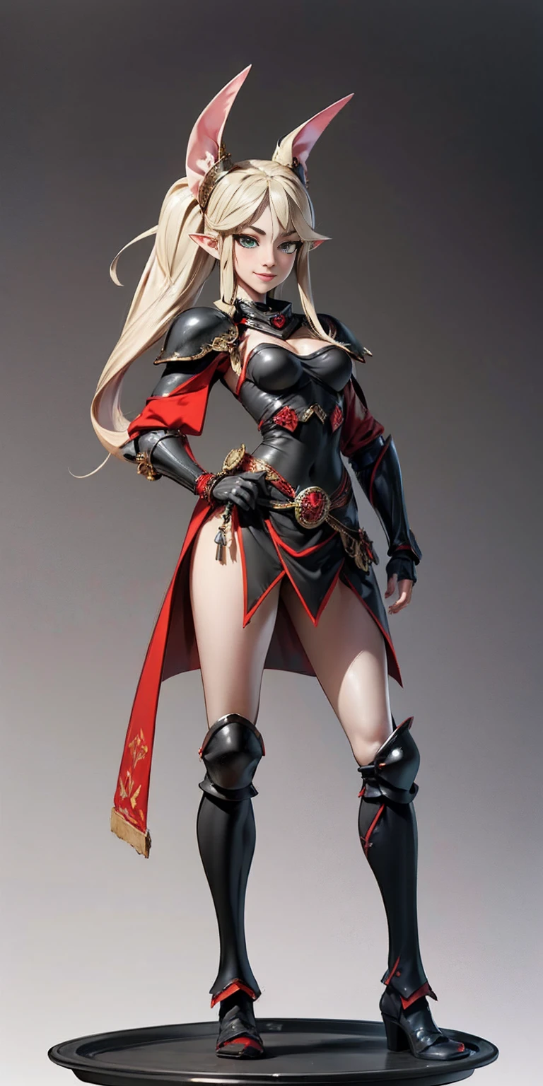 full body, whole body. 1solo (girl) hands on sides, (masterpiece), ultra-detailed, 1girl, detailed eyes, medium breasts, gray background, (full body), green eyes, gray background, full plate armor, confident smile, staring at the viewer, blond hair in a ponytail, standing, elf, elf ears