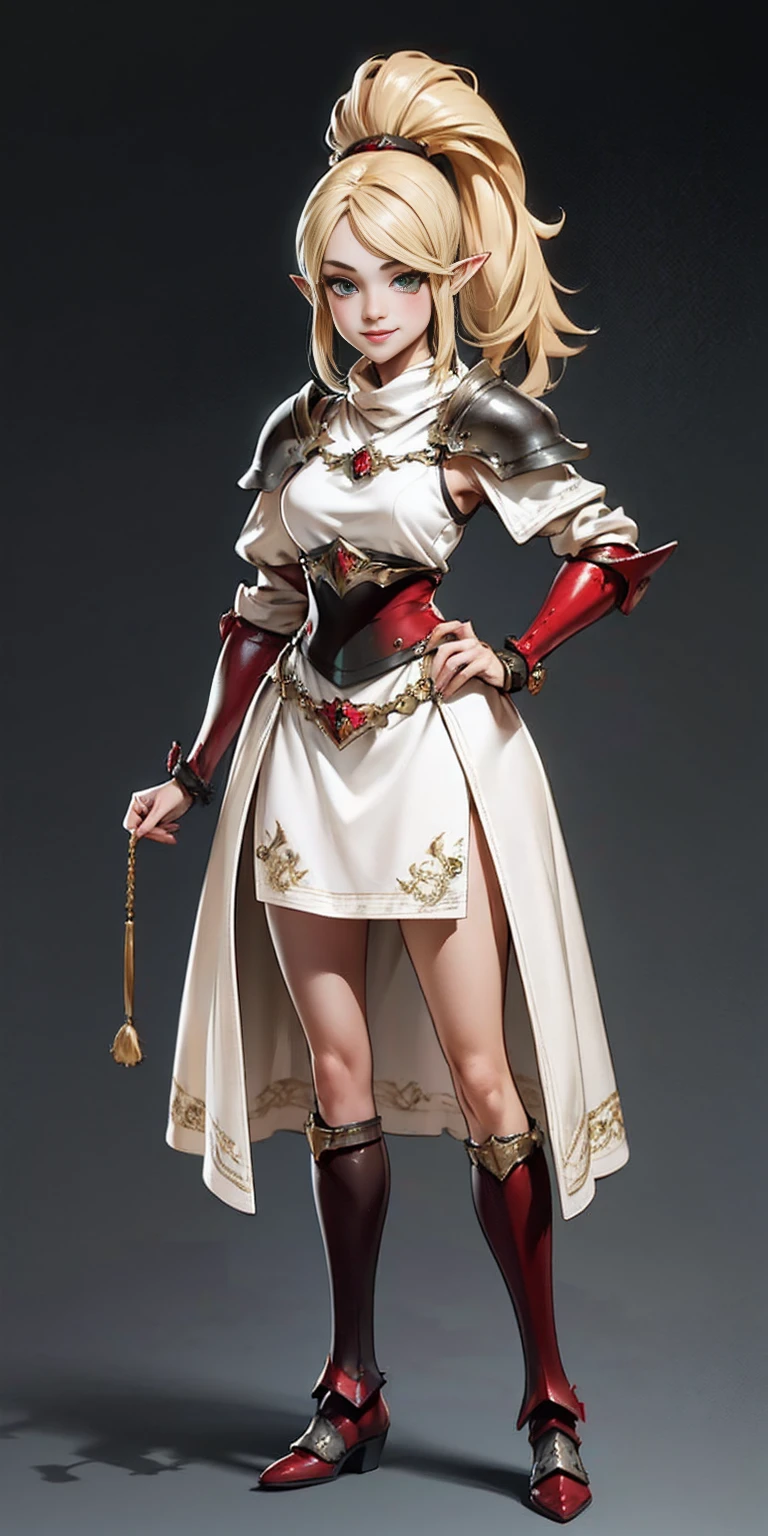 full body, whole body. 1solo (girl) hands on sides, (masterpiece), ultra-detailed, 1girl, detailed eyes, medium breasts, gray background, (full body), green eyes, gray background, full plate armor, confident smile, staring at the viewer, blond hair in a ponytail, standing, elf, elf ears