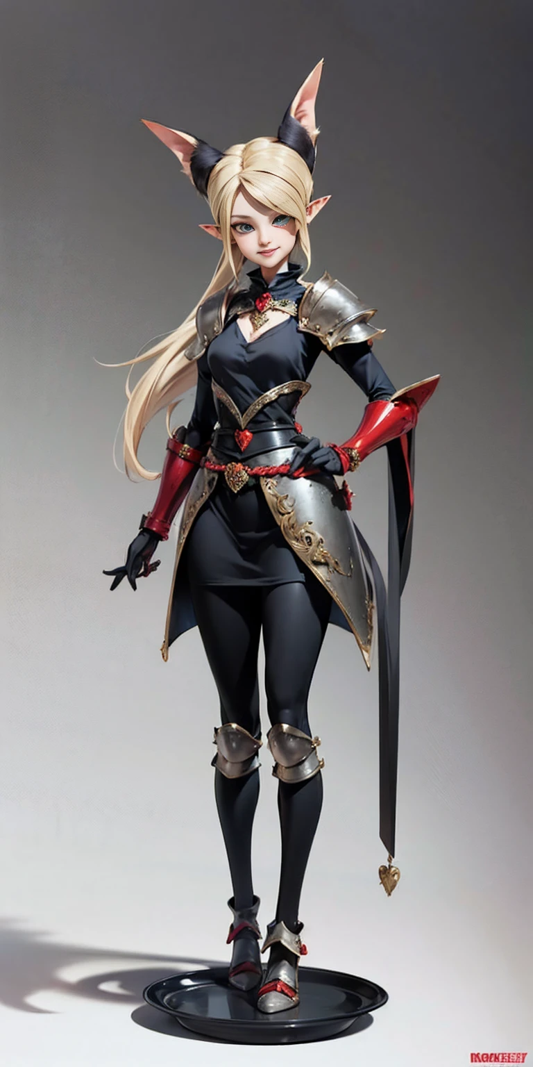 full body, whole body. 1solo (girl) hands on sides, (masterpiece), ultra-detailed, 1girl, detailed eyes, medium breasts, gray background, (full body), green eyes, gray background, full plate armor, confident smile, staring at the viewer, blond hair in a ponytail, standing, elf, elf ears