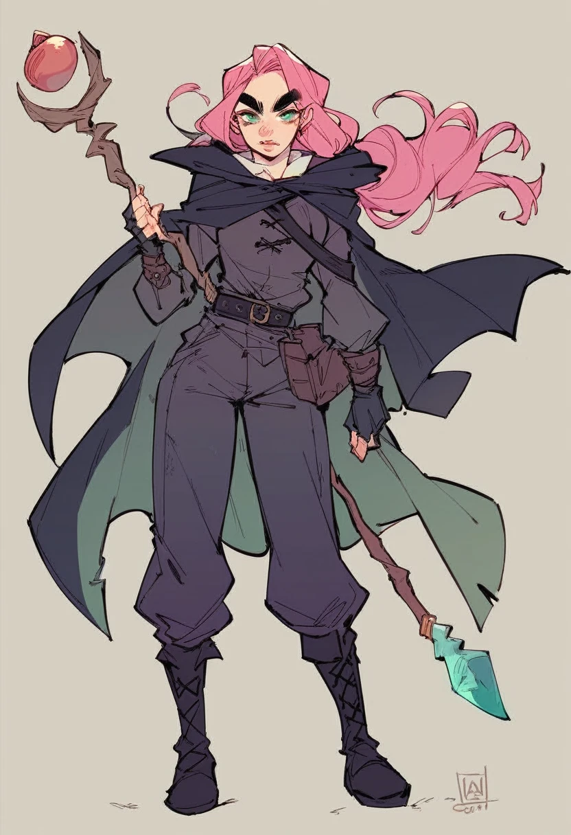 The girl is a 40-year-old with a toned, slender build and fair skin. She has short, straight pink hair that reaches her ears. Her dark green eyes are sharp and set beneath high-arched, narrow brows. She has an oval face with high cheekbones, a small upturned nose, full naturally pink lips, a well-defined jawline, and a slightly pointed chin. She is dressed as a medieval robber, wearing a dark hooded cloak over a fitted tunic. The tunic has intricate patterns near the cuffs and hem. She wears a leather belt with pouches and a dagger. Her combat pants are tucked into knee-high leather boots. She carries a staff adorned with mystical symbols and has fingerless gloves. The front view shows her full-length, highlighting her detailed attire and posture