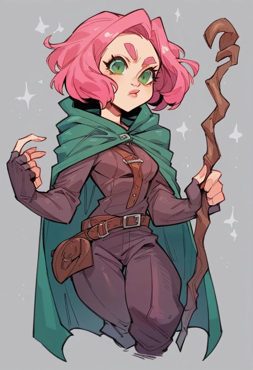 The girl is a 40-year-old with a toned, slender build and fair skin. She has short, straight pink hair that reaches her ears. Her dark green eyes are sharp and set beneath high-arched, narrow brows. She has an oval face with high cheekbones, a small upturned nose, full naturally pink lips, a well-defined jawline, and a slightly pointed chin. She is dressed as a medieval robber, wearing a dark hooded cloak over a fitted tunic. The tunic has intricate patterns near the cuffs and hem. She wears a leather belt with pouches and a dagger. Her combat pants are tucked into knee-high leather boots. She carries a staff adorned with mystical symbols and has fingerless gloves. The front view shows her full-length, highlighting her detailed attire and posture