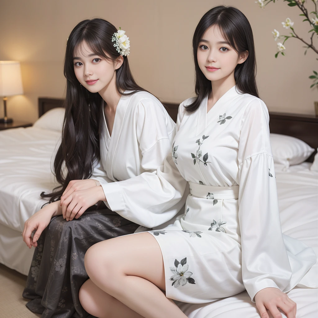 Best picture quality masterpiece beautiful 18 year old girl with long black hair 2 wearing white clothes with floral pattern big breasts full body photo in hotel room smiling 日本女孩長相