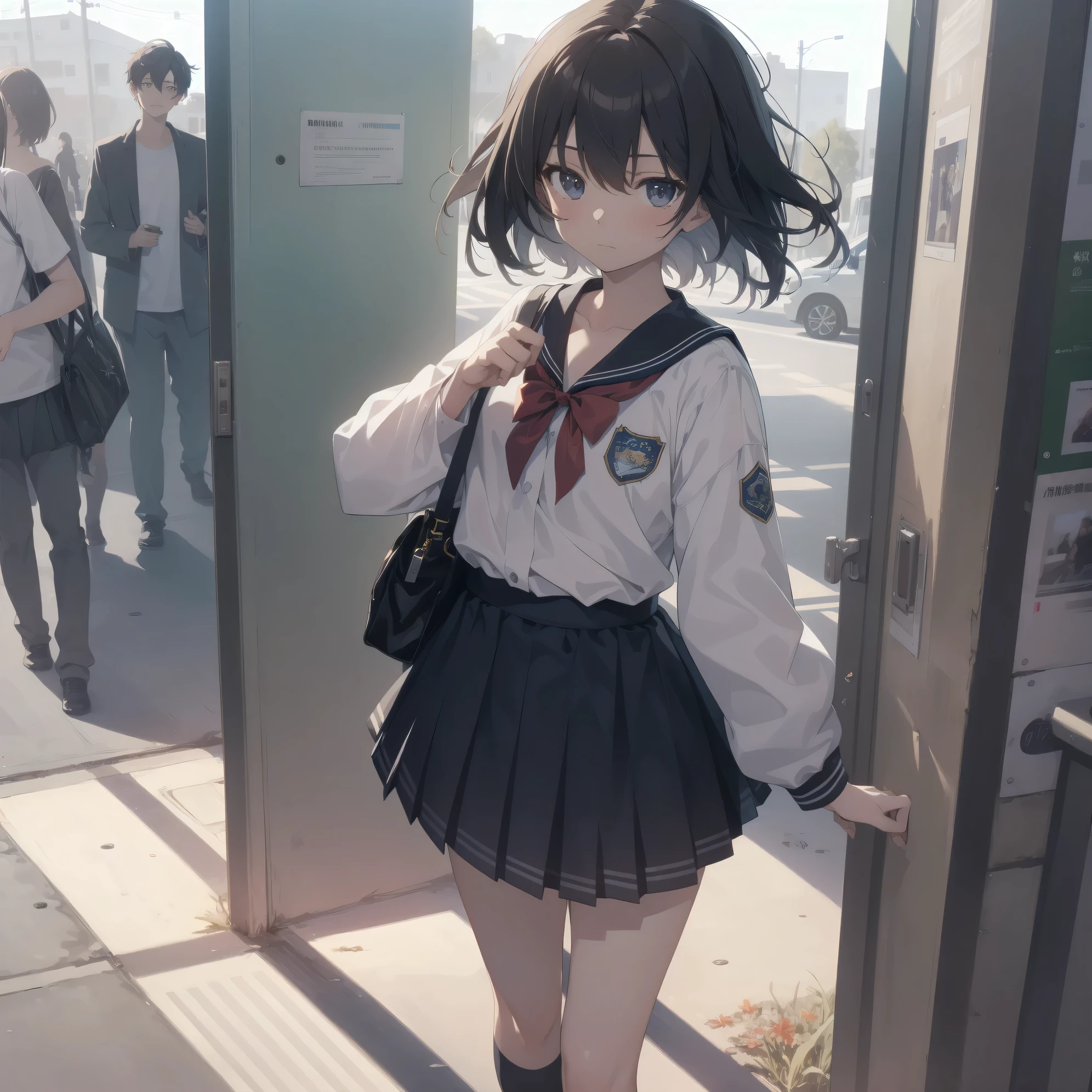 ultra-absurdres-Top quality by artist God, ultra-detailed, high resolution, anime moe artstyle, best anime 8k konachan wallpaper, pixiv contest winner, pool:2810, perfect anatomy,break, 1girl, (Please draw a girl walking sleepily to school alone. )break,(Solo,little female, -yeld:1.Full limbs, complete fingers,a junior hihort hair), short cut, flat chest, , small butt, small black eyes, beautiful detailed eyes, well-proportioned iris and pupils, expressive eyes, highres detailed hair, soft expression, salor school_uniform, sailor collar, serahuku, bow, pleated skirt,(Detailed Lighting), (Detailed background), in the School commute route. break,super detailed skin, Best cinematic lighting powered by famous artist, 8k,beauty illustration,photoshop_(medium),very aesthetic,break,((artist:gomashio_(goma_feet) )), artist:clamp ,artist:carnelian ,artist:kantoku ,