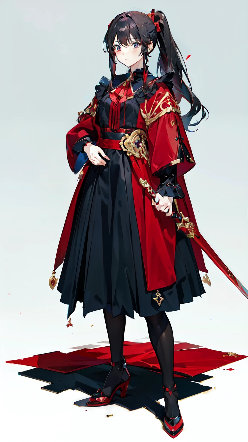 Masterpiece、Red clothesにポニーテールの女剣士(((whole body))),(((Concept Art))), (((One character))), woman, Black hair in a ponytail, Bright Blue Eyes, Red clothes、Holding a sword、Decoration、accessories