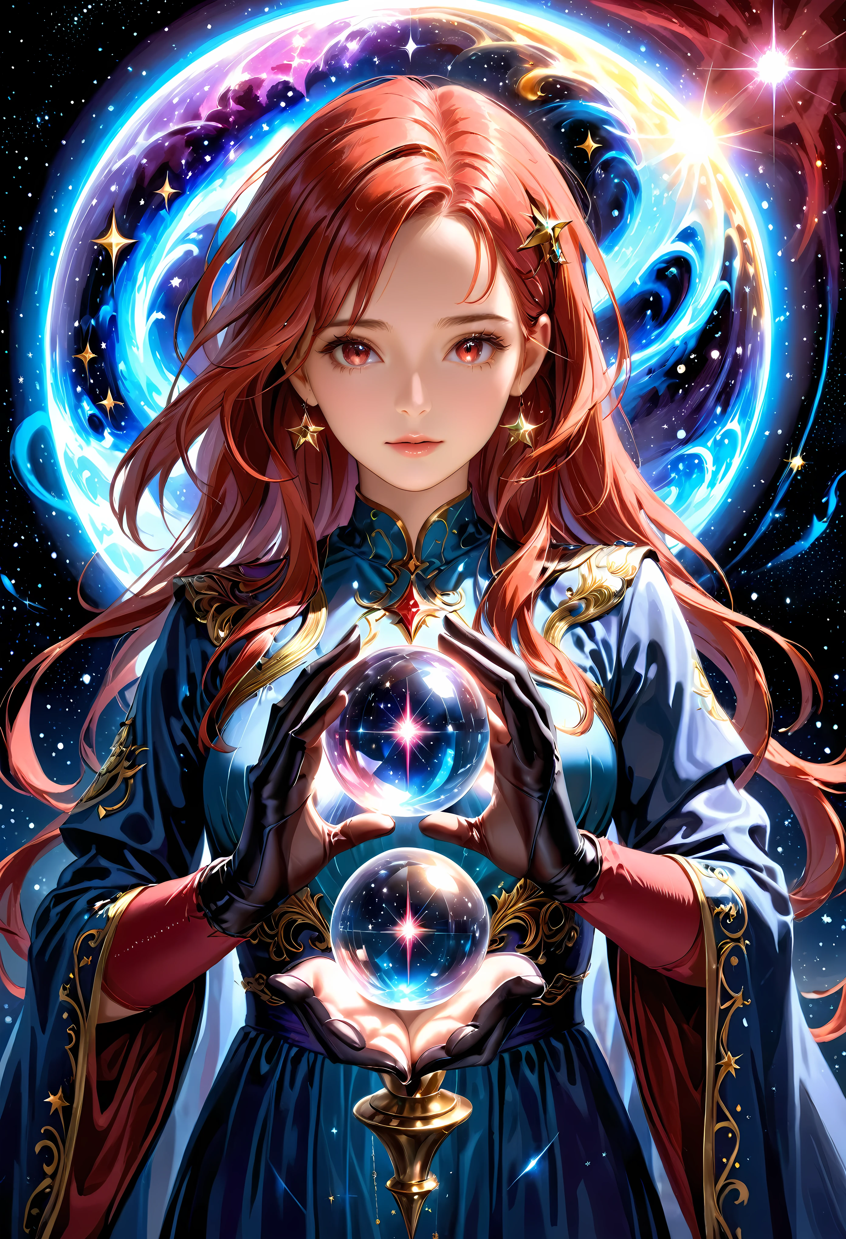 a beautiful astrologer charting the stars in the majestic starry night sky, detailed face and expression, long flowing robes, mystical aura, glowing crystal ball, fantastical celestial background, dramatic lighting, cinematic composition, digital art, concept art, hyper detailed, 16k, photorealistic, award winning, vibrant colors, dramatic lighting | | Rendered in ultra-high definition with UHD and retina quality, this masterpiece ensures anatomical correctness and textured skin with super detail. With a focus on high quality and accuracy, this award-winning portrayal captures every nuance in stunning 16k resolution, immersing viewers in its lifelike depiction. | ((pretty wavey red hair):1.1), ((fancy handgloves):1.1) | (((anatomical correctness))), (((perfect_fingers))), (((perfect_legs))), (((perfect_hands))), ((perfect_composition, perfect_design, perfect_layout, perfect_detail, ultra_detailed)), ((enhance_all, fix_everything)), More Detail, Enhance.
