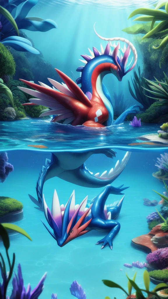 Koraidon, a Pokémon creature, swimming in a blue-clear home pool, a Pokémon trainer lying in the water, looking tired, detailed digital art, realistic, vibrant colors, photorealistic, 8K, hyper detailed, masterpiece, dramatic lighting, cinematic composition, highly detailed reptilian scales, muscular physique, serene underwater atmosphere, crystal clear water, splashing water effects, trainer's relaxed expression, waterlogged clothing, natural setting, lush foliage in the background