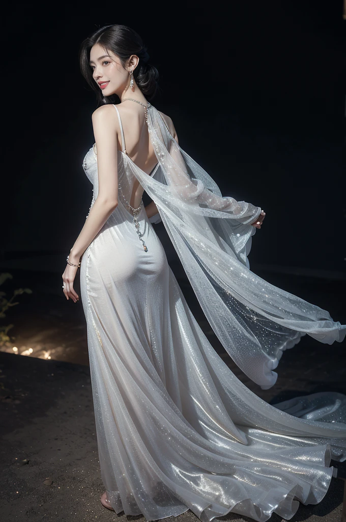 (((best quality))),(((ultra detailed))),(((masterpiece))),illustration,((A beautiful female astrologer,solo)),((slim,thin)),((bare back,towering hips,butt crack)),((shoulder length straight bob hair)),(laughing:1.2),(earrings,necklace),(sparkled sheer dress:1.3),standing beneath a magical summer night, stars twinkling in the velvety darkness,starry sky, sapphire eyes filled with wonder, flowing ethereal gown mimicking the stars, silver pendant shaped like a horoscope,serene smile and captivating gaze, celestial beauty and mystery, solace and inspiration in the vast expanse of the universe,((from back,upper body))