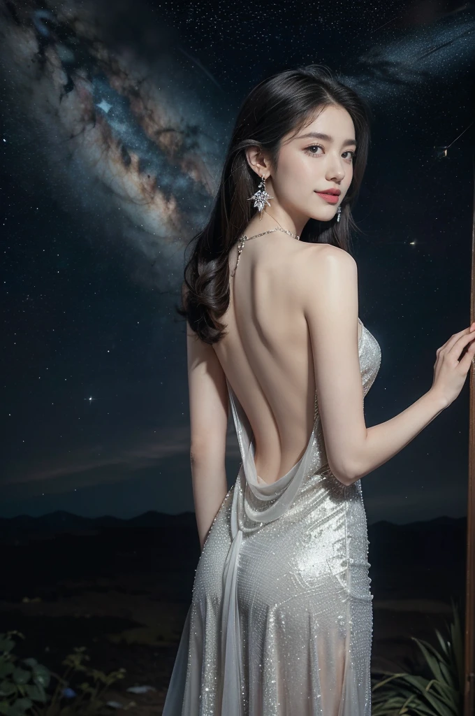 (((best quality))),(((ultra detailed))),(((masterpiece))),illustration,((A beautiful female astrologer,solo)),((slim,thin)),((bare back,towering hips,butt crack)),((shoulder length straight bob hair)),(laughing:1.2),(earrings,necklace),(sparkled sheer dress:1.3),standing beneath a magical summer night, stars twinkling in the velvety darkness,starry sky, sapphire eyes filled with wonder, flowing ethereal gown mimicking the stars, silver pendant shaped like a horoscope,serene smile and captivating gaze, celestial beauty and mystery, solace and inspiration in the vast expanse of the universe,((from back,upper body))