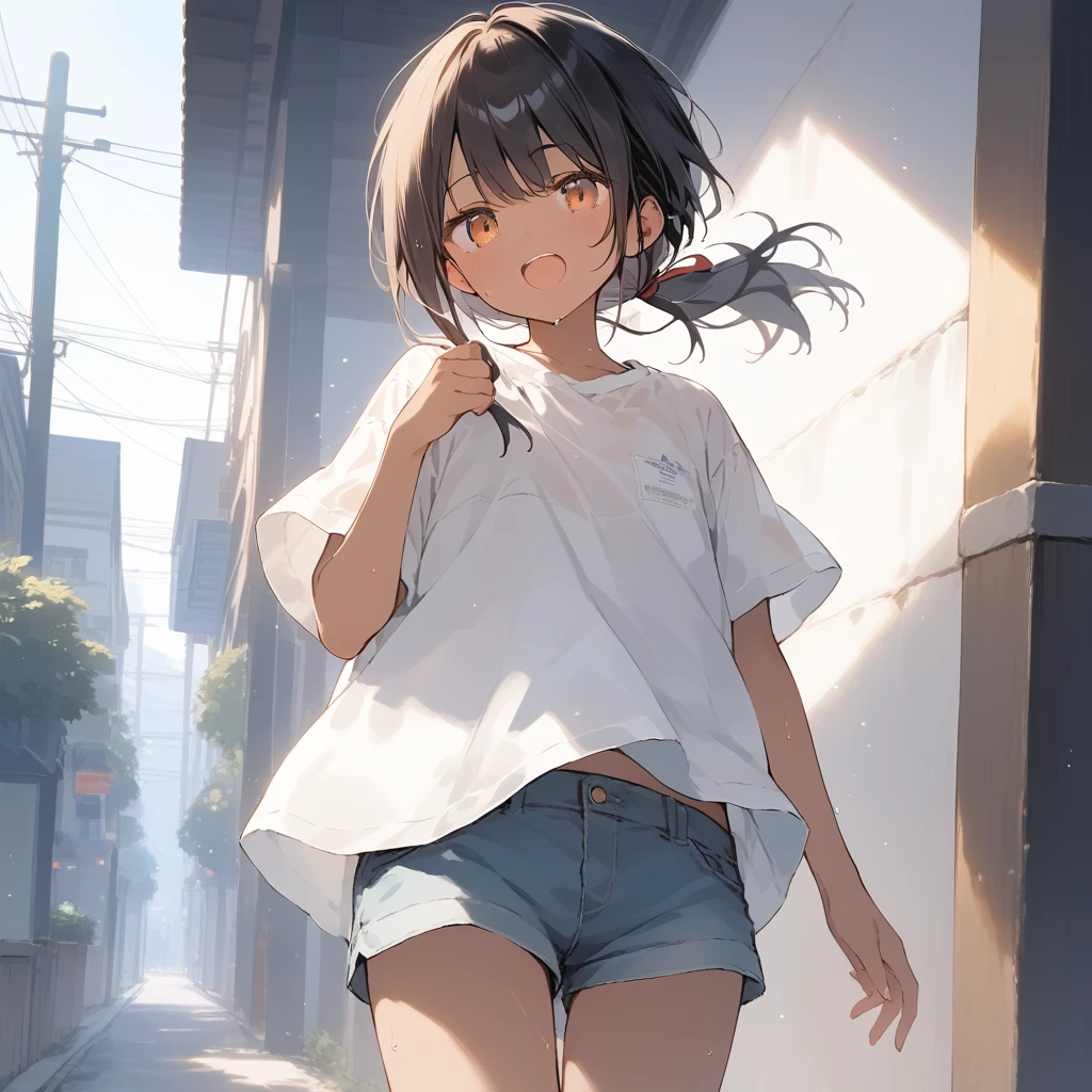 score_9, score_8_up, score_7_up, source_anime, best quality, masterpiece, official art, absurdres, highres, ultra-detailed,waifu2x,Collection: Slice of Life,break,1girl, tomboy, dark-skinned female, short hair, low ponytail, flat chest, beautiful detailed eyes, short shorts, sweat, open mouth, (yawn:0.3), sleepily, outdoors, wind,break,(clear line illustration:1.2), super detailed skin,very high resolution, very aesthetic, Best sexual lighting powered by famous artist, 8k,cute picture,beauty illustration,photoshop_(medium),,(Detailed Lighting),best anime 8k konachan wallpaper, pixiv contest winner, 