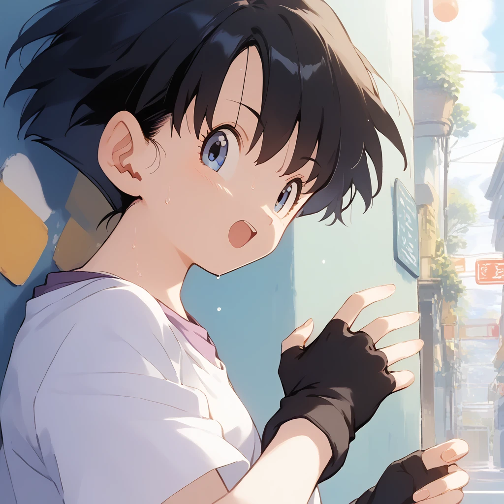 score_9, score_8_up, score_7_up, source_anime, best quality, masterpiece, official art, absurdres, highres, ultra-detailed,waifu2x,Collection: Slice of Life,break,1girl, Videl, short hair, spiked hair, blue eyes, bike shorts, purple shirt, (white shirt), fingerless gloves,sweat, open mouth, sleepily, outdoors, wind,break,(clear line illustration:1.2), super detailed skin,very high resolution, very aesthetic, Best sexual lighting powered by famous artist, 8k,cute picture,beauty illustration,photoshop_(medium),,(Detailed Lighting),best anime 8k konachan wallpaper, pixiv contest winner,