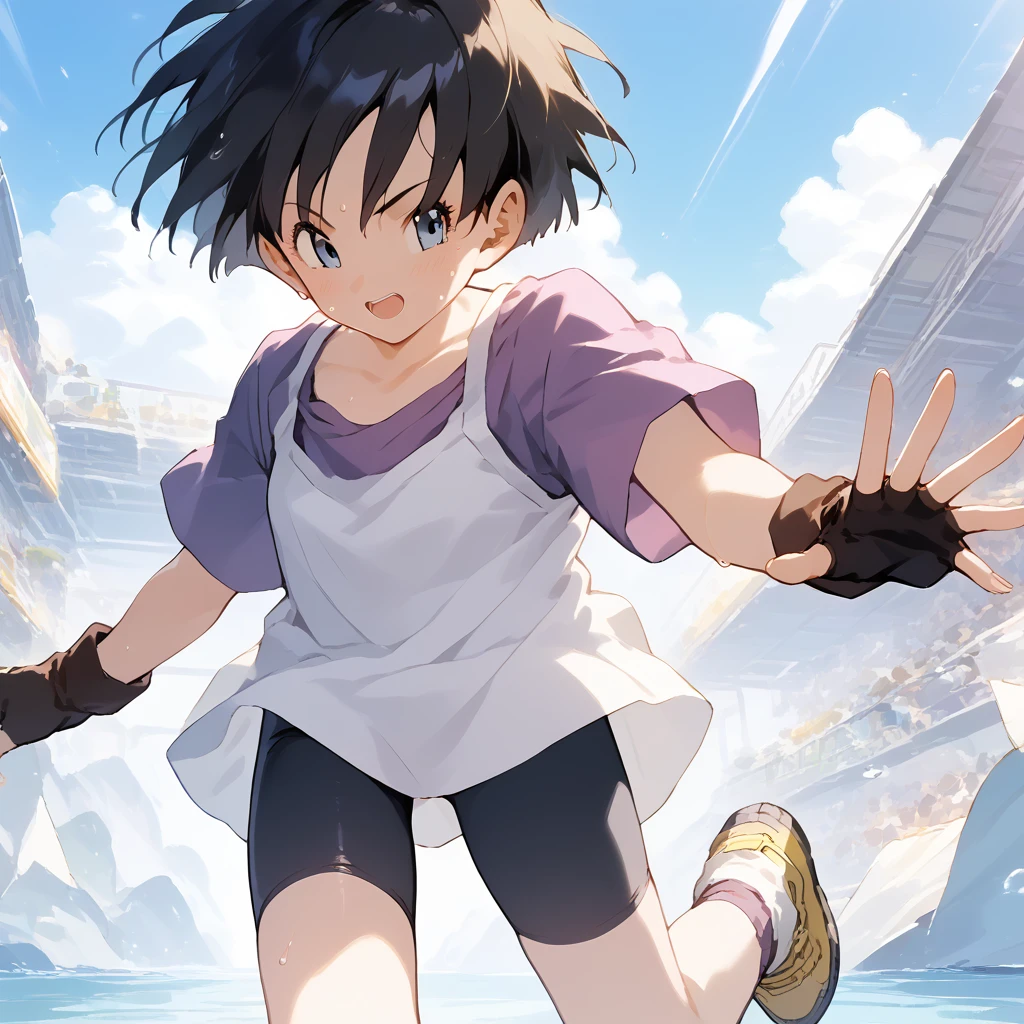 score_9, score_8_up, score_7_up, source_anime, best quality, masterpiece, official art, absurdres, highres, ultra-detailed,waifu2x,Collection: Slice of Life,break,1girl, Videl, short hair, spiked hair, blue eyes, bike shorts, purple shirt, (white shirt), fingerless gloves,sweat, open mouth, sleepily,  outdoors, wind,break,(clear line illustration:1.2), super detailed skin,very high resolution, very aesthetic, Best sexual lighting powered by famous artist, 8k,cute picture,beauty illustration,photoshop_(medium),,(Detailed Lighting),best anime 8k konachan wallpaper, pixiv contest winner, 