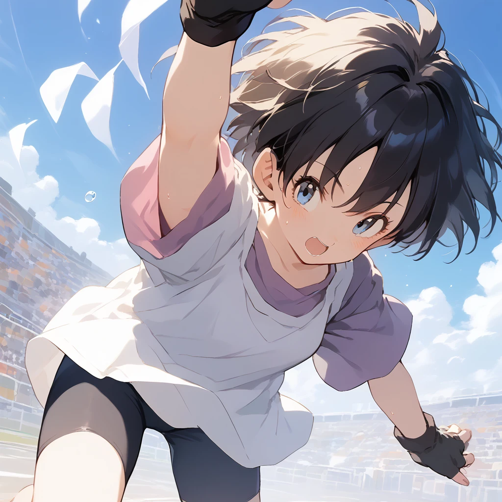 score_9, score_8_up, score_7_up, source_anime, best quality, masterpiece, official art, absurdres, highres, ultra-detailed,waifu2x,Collection: Slice of Life,break,1girl, Videl, short hair, spiked hair, blue eyes, bike shorts, purple shirt, (white shirt), fingerless gloves,sweat, open mouth, sleepily,  outdoors, wind,break,(clear line illustration:1.2), super detailed skin,very high resolution, very aesthetic, Best sexual lighting powered by famous artist, 8k,cute picture,beauty illustration,photoshop_(medium),,(Detailed Lighting),best anime 8k konachan wallpaper, pixiv contest winner, 