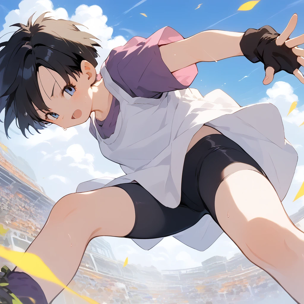 score_9, score_8_up, score_7_up, source_anime, best quality, masterpiece, official art, absurdres, highres, ultra-detailed,waifu2x,Collection: Slice of Life,break,1girl, Videl, short hair, spiked hair, blue eyes, bike shorts, purple shirt, (white shirt), fingerless gloves,sweat, open mouth, sleepily,  outdoors, wind,break,(clear line illustration:1.2), super detailed skin,very high resolution, very aesthetic, Best sexual lighting powered by famous artist, 8k,cute picture,beauty illustration,photoshop_(medium),,(Detailed Lighting),best anime 8k konachan wallpaper, pixiv contest winner, 