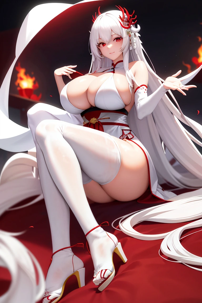 A woman,White long hair,Red eyes,Wear a white bikini,Hanfu,Long legs,Nipple protrusion,Twenties,exposed,White high heels,Huge breasts,超级Huge breasts,Foot ring,barefoot