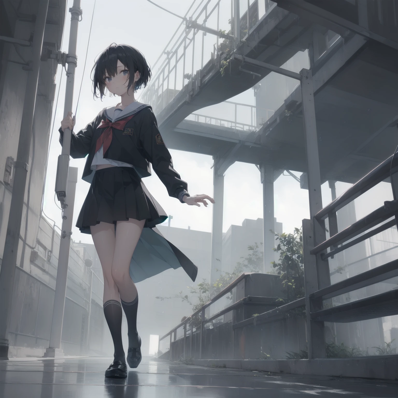 ultra-absurdres-Top quality by artist God, ultra-detailed, high resolution, anime moe artstyle, best anime 8k konachan wallpaper, pixiv contest winner, pool:2810, perfect anatomy,break, 1girl, (Please draw a girl walking sleepily to school alone. )break,(Solo,little female, 13-year-old:1.3),Full limbs, complete fingers,a junior high school student, (very short hair), short cut, flat chest, , small butt, small black eyes, beautiful detailed eyes, well-proportioned iris and pupils, expressive eyes, highres detailed hair, soft expression, salor school_uniform, sailor collar, serahuku, bow, pleated skirt,(Detailed Lighting), (Detailed background), in the School commute route. break,super detailed skin, Best cinematic lighting powered by famous artist, 8k,beauty illustration,photoshop_(medium),very aesthetic,break,((artist:gomashio_(goma_feet) )), artist:clamp ,artist:carnelian ,artist:kantoku ,