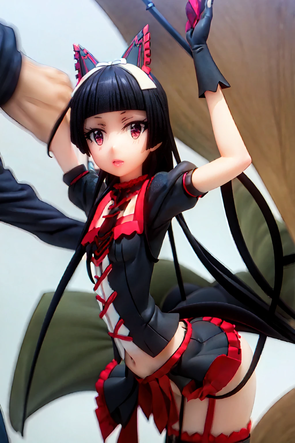 Rory Mercury, Laurie Mercury, Black Hair, Blunt bangs, Hime cut, hair ornaments, Red lipstick, Long Hair, Cute face, compensate, (Small box:1.2), (Red eyes:1.5), break Gothic underwear, Perfect body (Small breasts:1.3), break in full growth, Red Shoes, break Black Stockings, Black Gloves break, Black thighs, Garter Straps, gloves, Gothic, Hair Ribbon, Gothicファッション, puffy Short sleeve, Puffy sleeves, Short sleeve, tights, tights, looks at the viewer, break (masterpiece:1.2), Highest quality, High resolution, unity 8k wallpaper, (Illustration:0.8), (Beautiful details in the eyes:1.6), Highly detailed face, Perfect lighting, Highly detailed CGI, (Perfect Arms, Perfect Anatomy), (white background:1.5), I have nothing in my hands, 1girl, whole body, Confused eyes