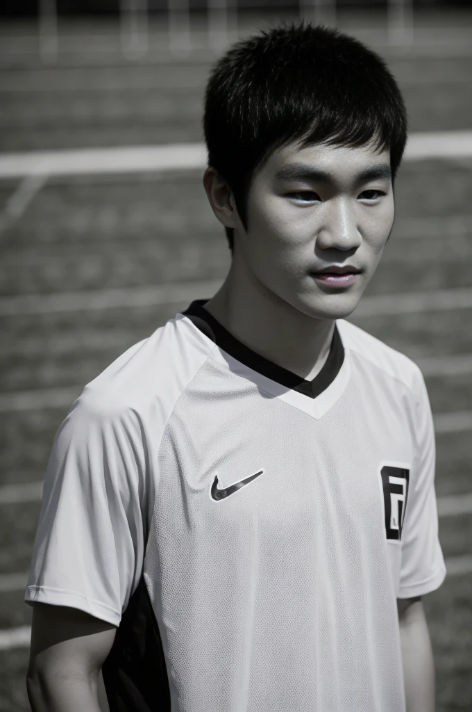 young asian man looking at camera In a white and black sports shirt , Fieldside, beach, sunlight, looking at the football field