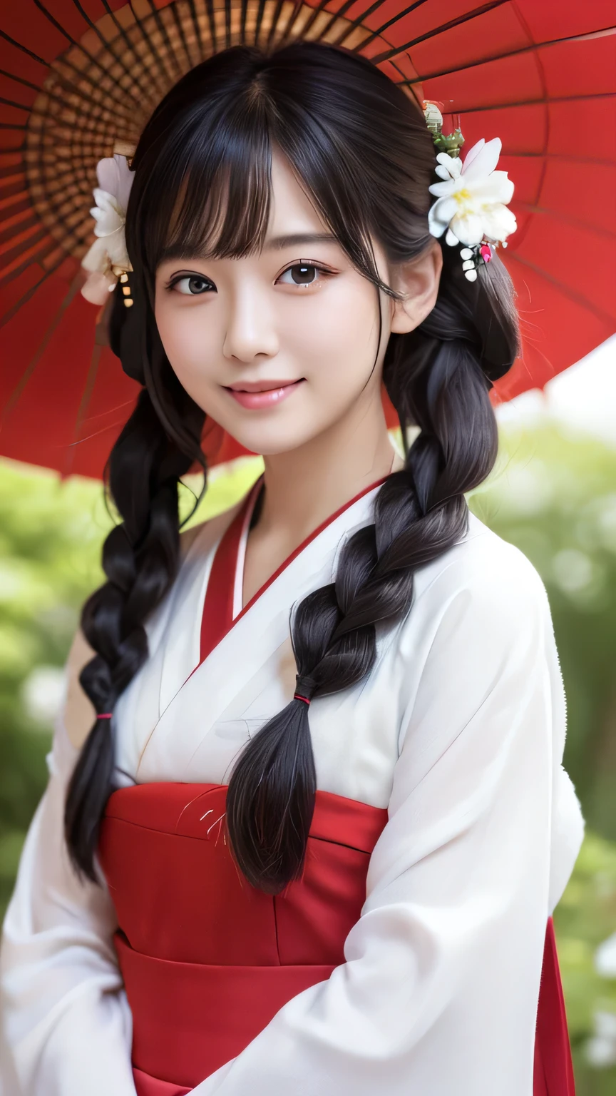 (masterpiece:1.3), (8K, Photorealistic, Raw photo, Best image quality: 1.4), Japanese 、Take a full-body photo，White kimono、Red long skirt、Shrine maiden、Cute costume，Fluffy medium hair，crystal，Natural color lip，(Random Hairstyles:1.2)、Super detailed face、Attention to detail、double eyelid、Sharp focus:1.2、Beautiful woman:1.4、Black Hair、highest quality、masterpiece、超A high resolution、(Photorealistic:1.4)、Highly detailed and professionally lit smile、