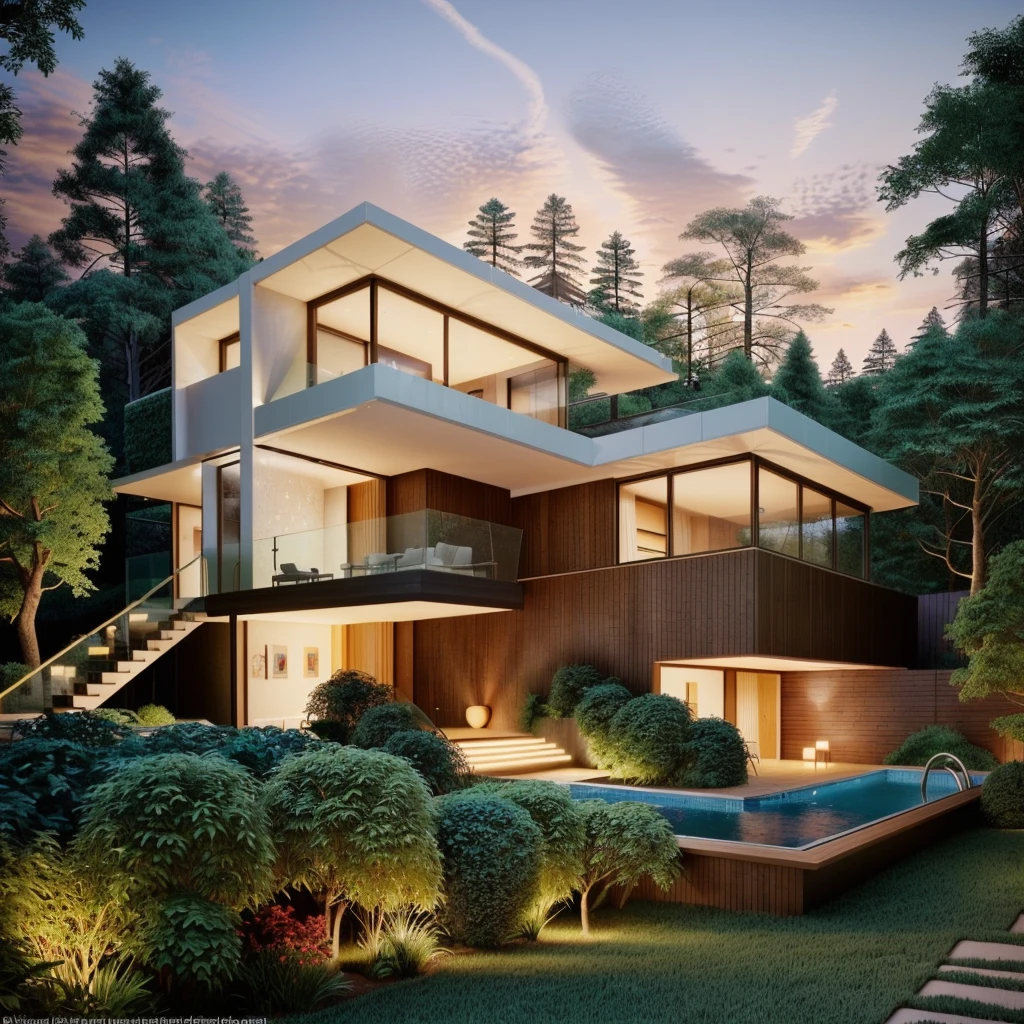 THE 70s MODERN HOUSE located on the upper hill, best quality, detailing, ((curly road street in front of the house)), wooden ceiling, in the middle Fall, ((garden's lighting)), pathway with lighting, after rain, (((A small rectangle swimming pool at the ground floor; under the house))), big front yard, ((in the pine forest)), (DARK SUNSET)