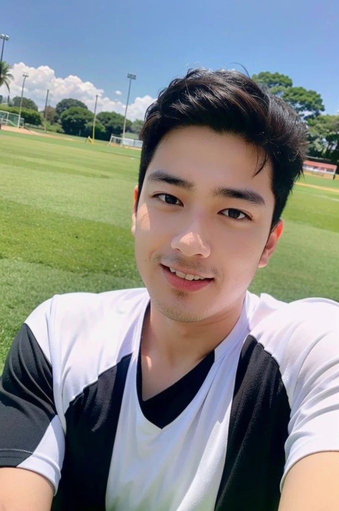 young asian man looking at camera In a black and white sports shirt , Fieldside, beach, sunlight, looking at the football field