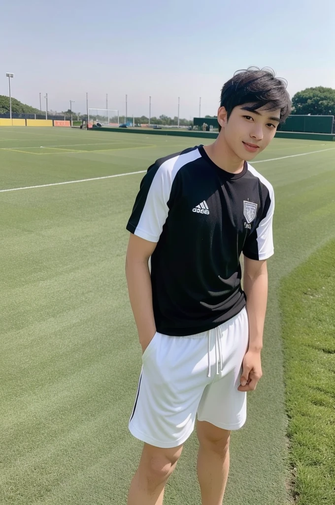 young asian man looking at camera In a black and white sports shirt , Fieldside, beach, sunlight, looking at the football field