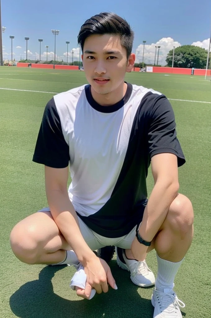 young asian man looking at camera In a black and white sports shirt , Fieldside, beach, sunlight, looking at the football field