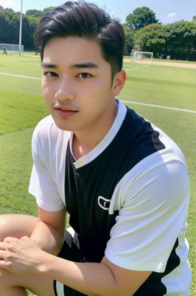 young asian man looking at camera In a black and white sports shirt , Fieldside, beach, sunlight, looking at the football field