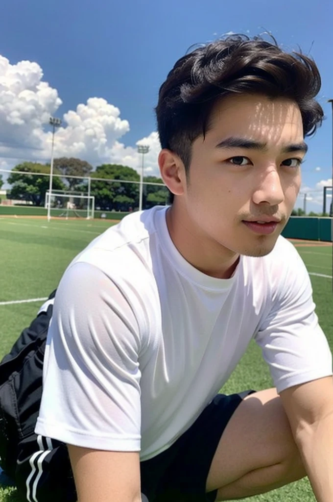 young asian man looking at camera In a black and white sports shirt , Fieldside, beach, sunlight, looking at the football field