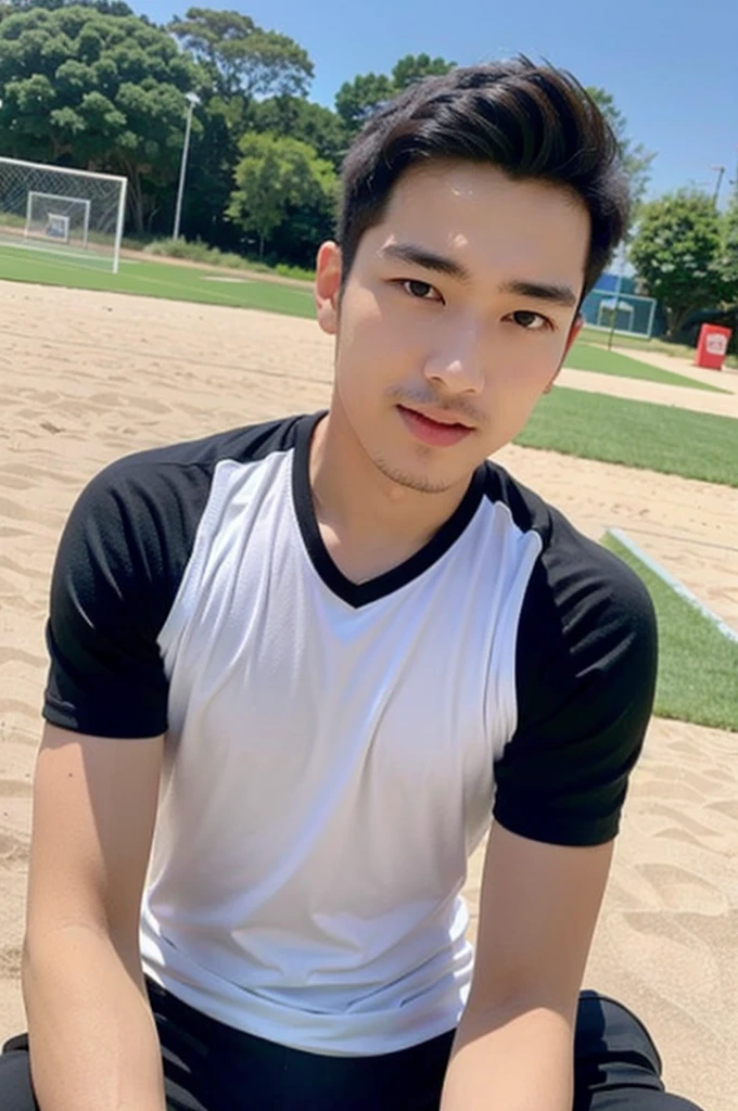 young asian man looking at camera In a black and white sports shirt , Fieldside, beach, sunlight, looking at the football field