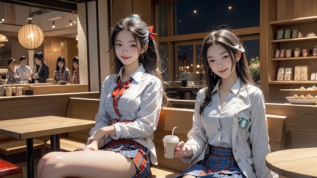 8K、RAW Photos、Highest quality、Super detailed、Super Resolution、Ultra HD、8K壁紙、Amazing details blazer uniform girl ((White blouse with formal collar, Blue Blazer, 
Red Check Skirt, Red checkered ribbon on blouse)), Complete limbs, Full Finger, 
(((((Inside the Starbucks store)))))、((16 year old female student))、(((((Eat cake、Drink coffee、smile)))))、(((Heart Necklace、Gold bracelet)))
(((Emphasize cleavage)))
(((((Woman sitting at the window seat)))))
(((((You can see Tokyo Tower from the window)))))
((((Full body photo、The whole body is visible、Full body portrait))))
