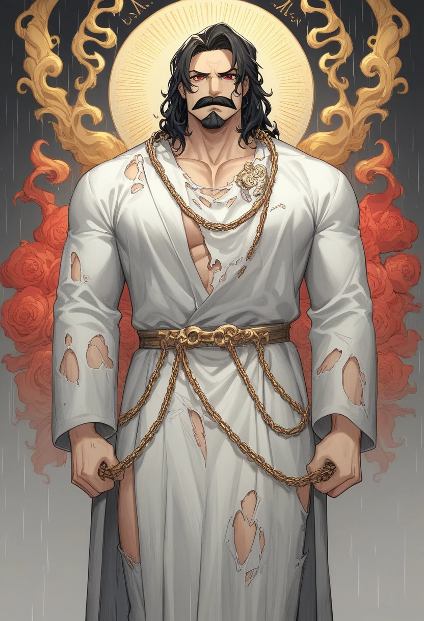 A striking, visually captivating illustration of a powerful Maratha warrior standing tall amidst dark clouds and heavy rain. His muscular, drenched body is adorned with massive chains at his arms, hips, and legs, while his glowing red eyes and fierce determination exude strength. With perfect facial features, a long handlebar mustache, and flowing drenched hair, he shouts in anger as he pulls the chains with immense strength. The golden hour's light illuminates him from behind, casting a dramatic rim light on his bulky frame, and the stormy atmosphere intensifies the dark fantasy scene. Clad in a white traditional dhoti-like pants and a torn white robe, the warrior's immense size and the gathering clouds create a mesmerizing visual experience that is both vibrant and cinematic, blending elements of painting, poster, and fashion into a concept, vibrant, poster, fashion, illustration, cinematic, painting, dark fantasy
