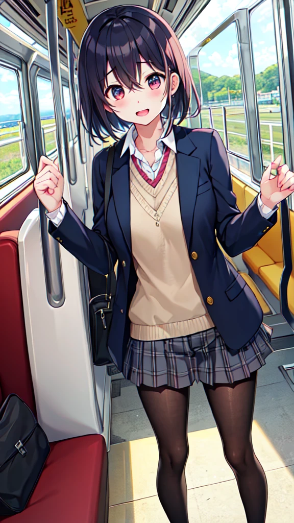 １People Girl、uniform、on the train、Are standing、