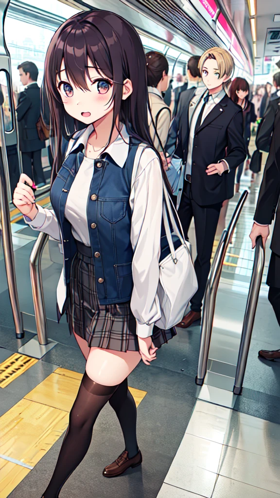 １People Girl、uniform、on the train、Are standing、