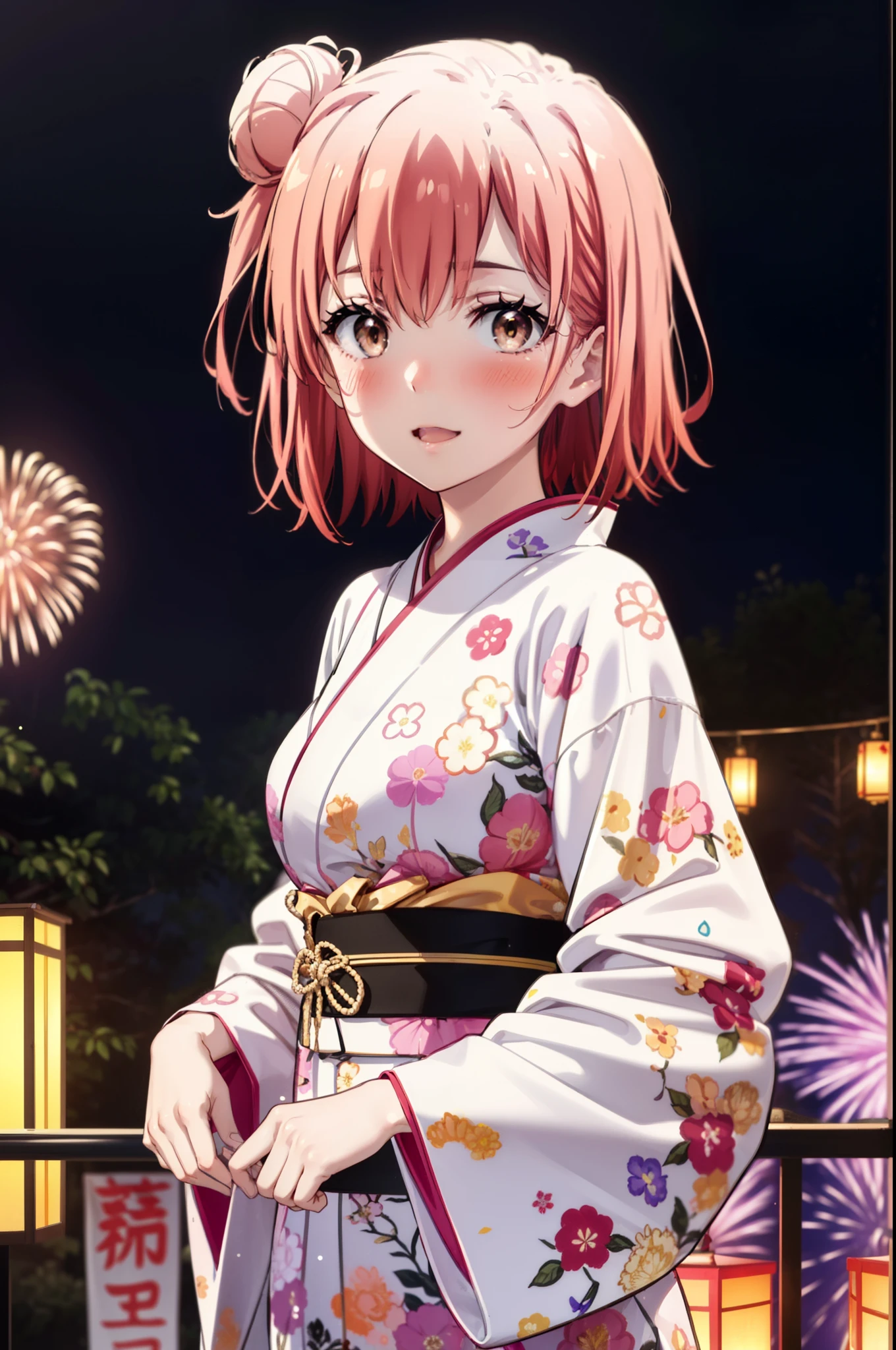 yuiyuigahama, yui yuigahama, short hair, (Brown eyes:1.5), (Pink Hair:1.2), smile,blush,Squint your eyes,Open your mouth,Happy atmosphere,Hair Bun,single Hair Bun, smile,Flower Hair Ornaments,Big Breasts,Pink kimono,Long skirt in pink color,Thick sleeves,日本のfestival,夏festivalの屋台,Red lantern,Fireworks in the night sky、Fireworks,The place is a fireworks display,Time is night,So that the whole body goes into the illustration,
break outdoors, festival,
break looking at viewer, Upper Body, (Cowboy Shot:1. 5)
break (masterpiece:1.2), Highest quality, High resolution, unity 8k wallpaper, (figure:0.8), (Beautiful attention to detail:1.6), Highly detailed face, Perfect lighting, Highly detailed CG, (Perfect hands, Perfect Anatomy),