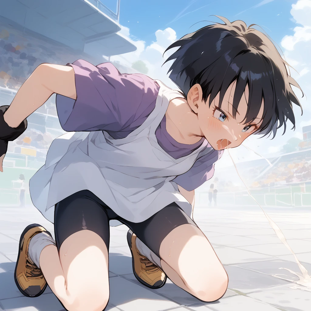 score_9, score_8_up, score_7_up, source_anime, best quality, masterpiece, official art, absurdres, highres, ultra-detailed,waifu2x,Collection: Slice of Life,break,1girl, Videl, short hair, spiked hair, blue eyes, bike shorts, purple shirt, (white shirt), fingerless gloves,small breasts, sweat, (nipple:0.6), sweat, saliva, (yawn:0.5),blush,youkai penis, twitching penis, oral sex, rape, felatio, cum, motion lines,projectile cum, facial, bukkake, hot breath, sound effects, outdoors, wind,  outdoors, wind,break,(clear line illustration:1.2), super detailed skin,very high resolution, very aesthetic, Best sexual lighting powered by famous artist, 8k,cute picture,beauty illustration,photoshop_(medium),,(Detailed Lighting),best anime 8k konachan wallpaper, pixiv contest winner, 