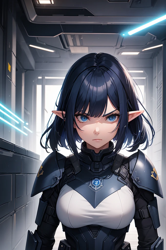 Create high quality images featuring an elf girl with dark navy blue hair and straight bangs. She is a member of the police special forces.。Aggressive pose。Aggressive facial expression。Have a lightsaber.。The background must depict a city inside a dome, Next to her is a black armored vehicle.