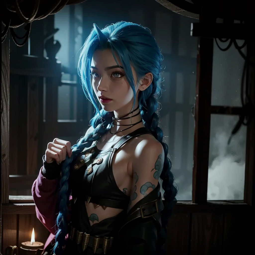 League of Legends Jinx in a foggy cabin
