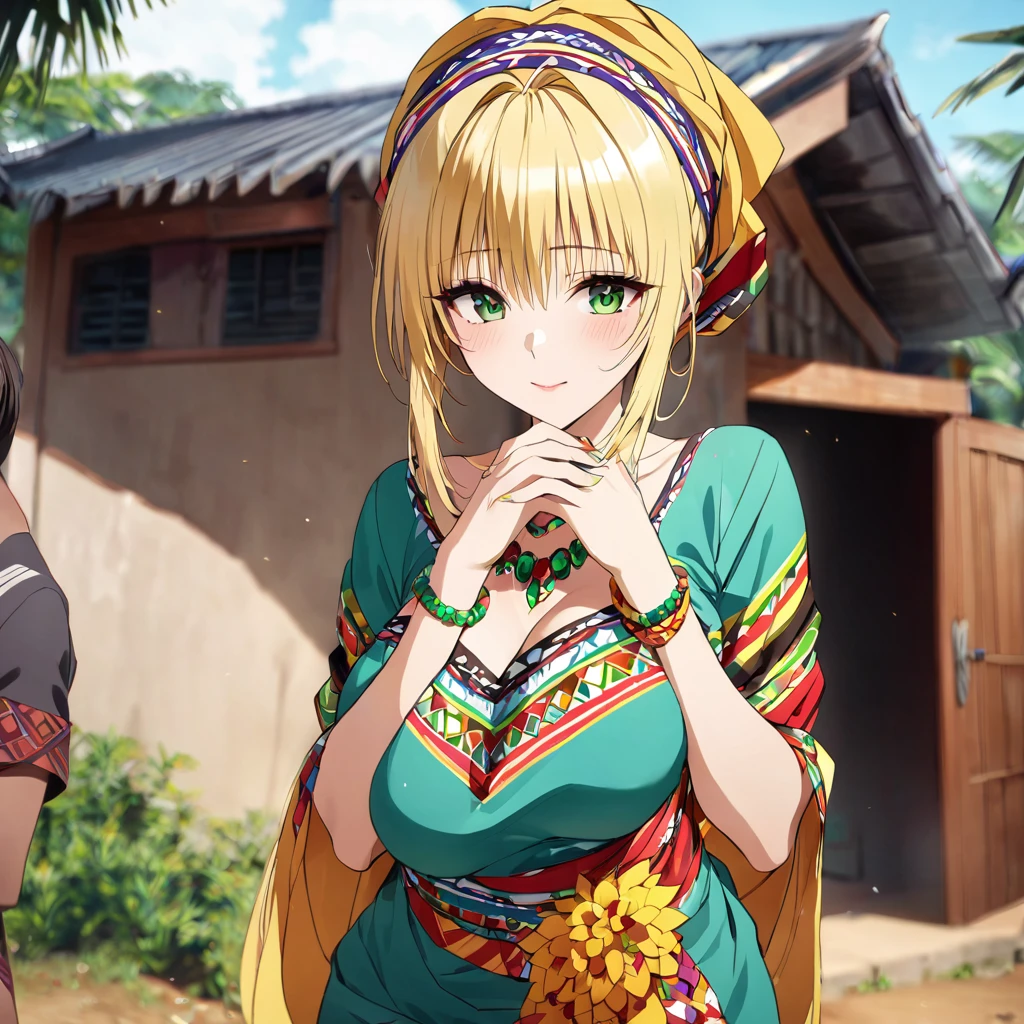 ((Highest quality)), ((masterpiece)), (detailed), （Perfect Face）、A woman is wearing a colorful Ghanaian dress, a colorful headscarf, gorgeous jeweled accessories and an engagement ring in a Ghanaian village in Tiare.、The woman is an elegant Tiare with green eyes and medium-long blonde hair. She is wearing a colorful Ghanaian dress and a colorful headscarf.