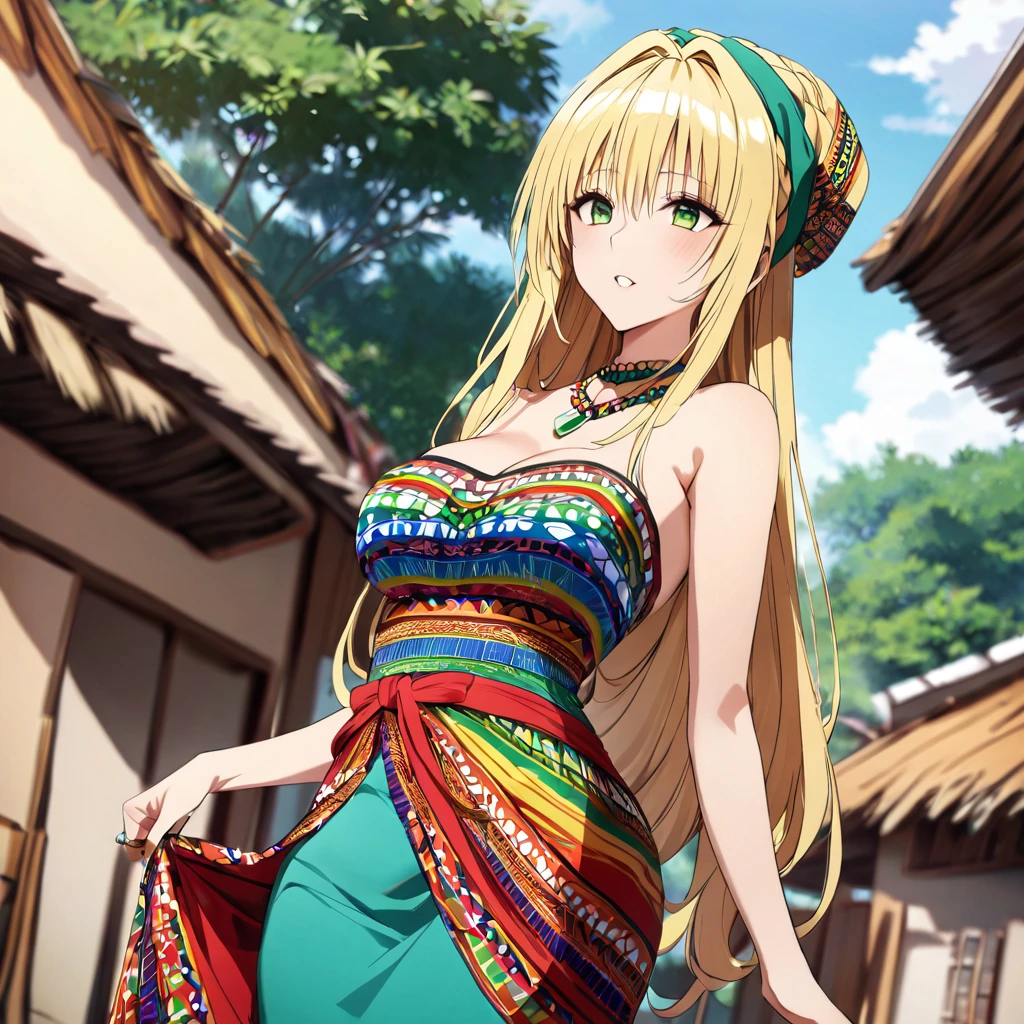 ((Highest quality)), ((masterpiece)), (detailed), (Perfect Face)、A woman is wearing a colorful Ghanaian dress, a colorful headscarf, gorgeous jeweled accessories and an engagement ring in a Ghanaian village in Tiare.、The woman is an elegant Tiare with green eyes and medium-long blonde hair. She is wearing a colorful Ghanaian dress and a colorful headscarf.
