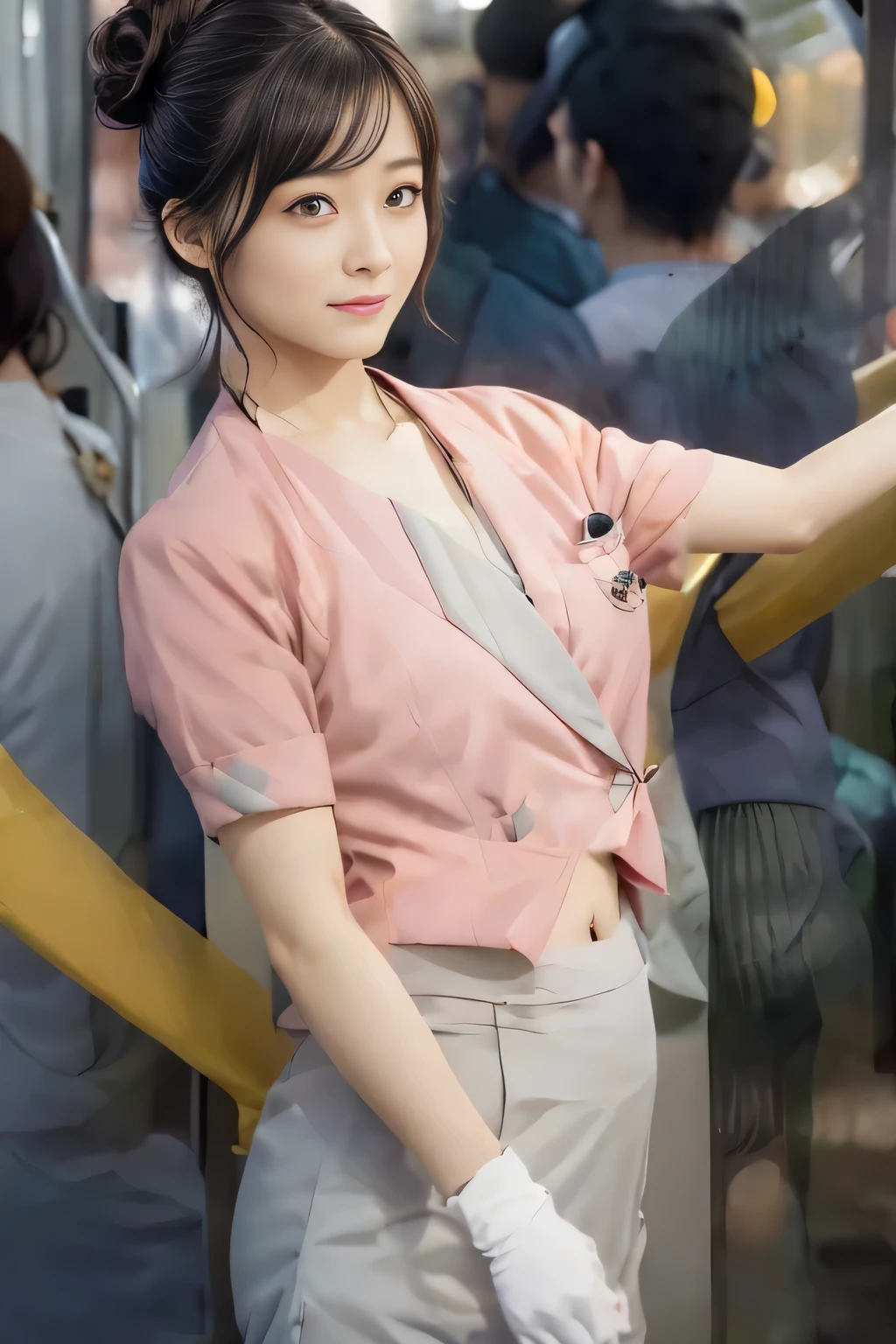 (masterpiece:1.2, Highest quality:1.2), 32k HDR, High resolution, (alone、1 Girl)、(On the roof of a building in the daytime、Professional Lighting)、Building rooftop background、(Nankai train crew uniform pinkを着たリアルスタイル)、(Nankai Railway crew uniform, pink, short sleeve, collarless, pink jacket、Nankai Railway crew uniform pink no-collar short-sleeve blouse、Nankai Railway crew uniform, pink grey, knee-length culottes)、((The bottom of the pink short-sleeved jacket cannot be tucked into the clay-colored culottes..))、Dark brown hair、(Hair tied up、Hair Bun、Hair Bun)、Dark brown hair、Long Shot、Big Breasts、Thin legs、((Great hands:2.0)),((Harmonious body proportions:1.5)),((Normal limbs:2.0)),((Normal finger:2.0)),((Delicate eyes:2.0)),((Normal eyes:2.0)))、(Nankai Railway crew uniform, pink grey, knee-length culottesを見せた美しい立ち姿)、smile