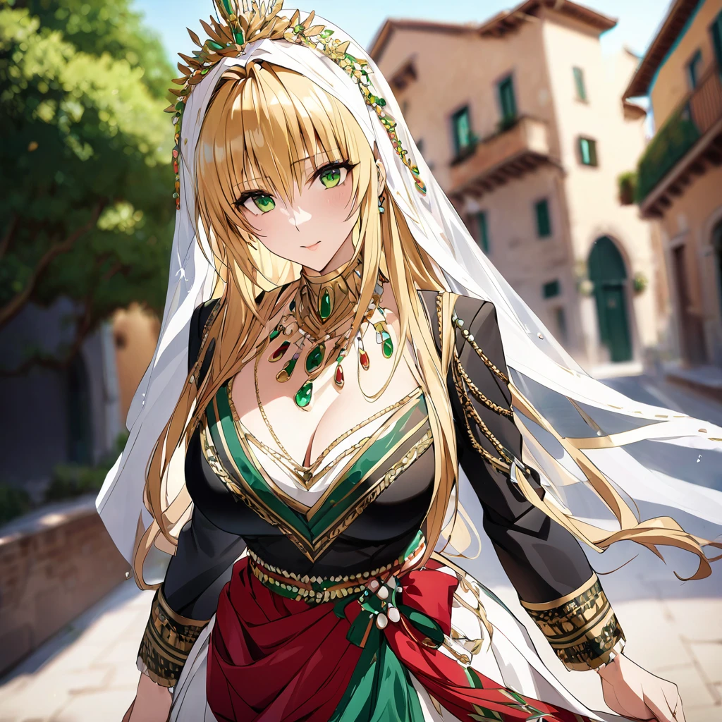 ((Highest quality)), ((masterpiece)), (detailed), (Perfect Face)、The woman is an Italian Tierra, and is seen in the streets of Italy wearing the gorgeous and glittering Italian traditional Sardinian costume, a lavishly decorated velvet jacket, a long veil, gorgeous jeweled accessories and an engagement ring.、The woman is an elegant Italian tiare with green eyes and blonde medium-long hair. The woman is wearing a velvet jacket decorated with the Italian national costume of Sardinia and a long veil.